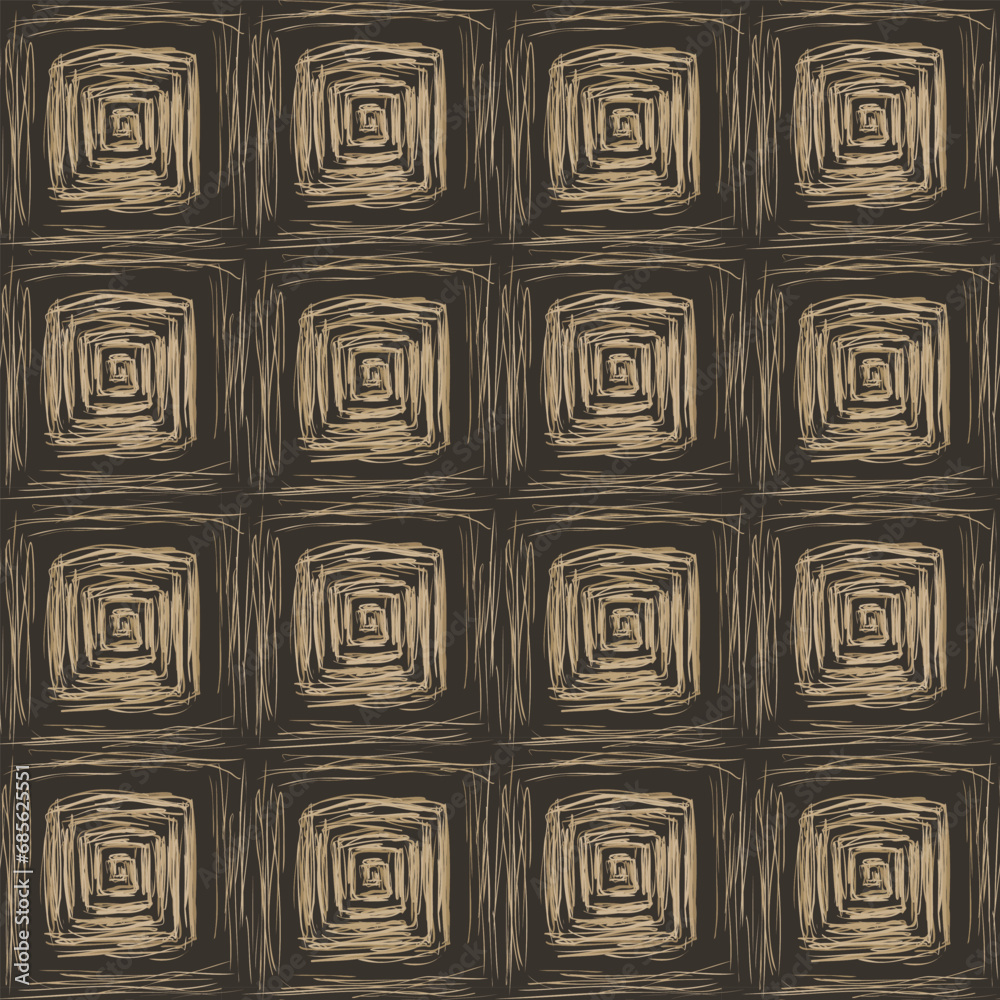 Obraz premium Tribal square spiral endless tile pattern in dark earth tones. Brown scratched geometric background