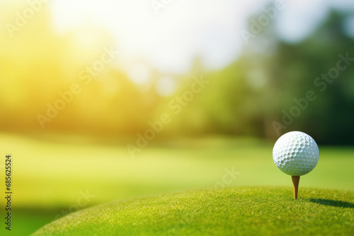 Close-up golf ball on tee with blur green bokeh background