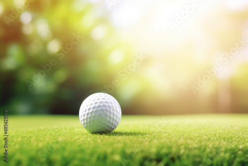 Close-up golf ball on tee with blur green bokeh background