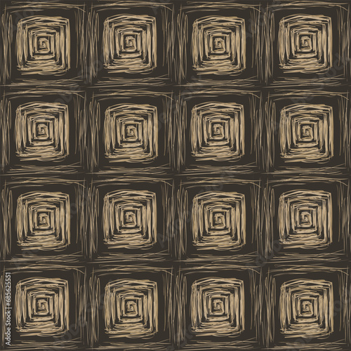 Tribal square spiral endless tile pattern in dark earth tones. Brown scratched geometric background