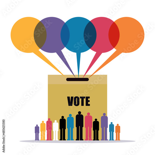 Illustration of political speeches and expressions around an election ballot box