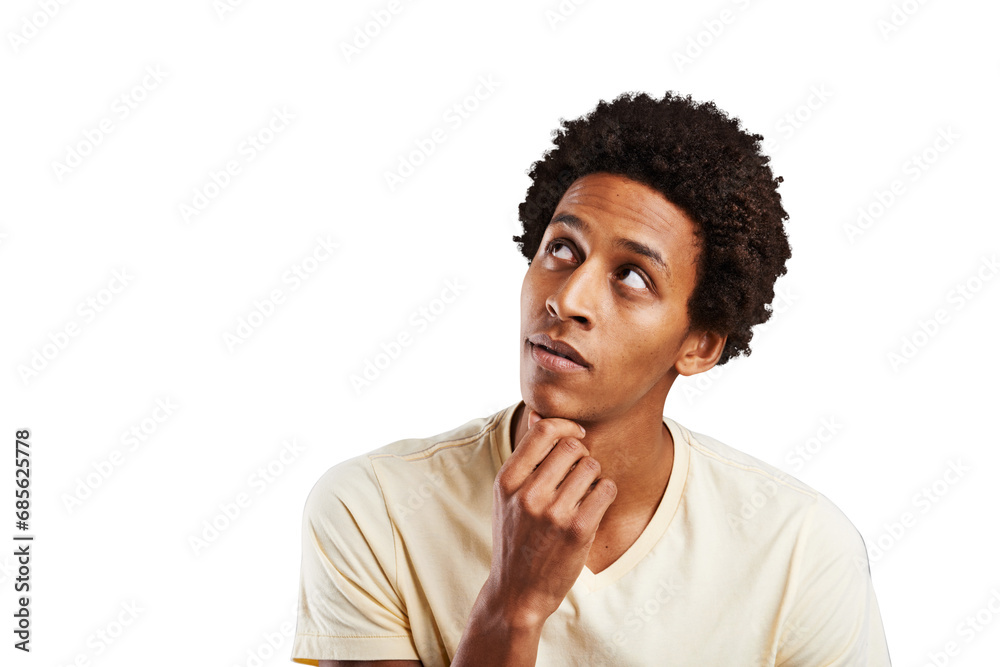 Face, thinking and problem solving with a young black man isolated on a transparent background. Question, vision and idea with a confident person on PNG while looking to the future for planning Face, thinking and problem solving with a young black man isolated on a transparent background. Question, vision and idea with a confident person on PNG while looking to the future for planning