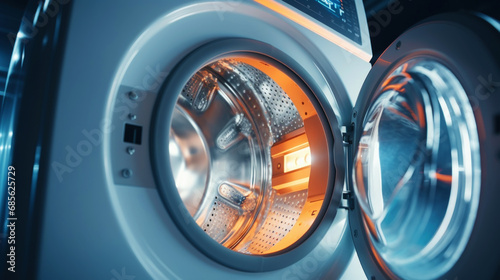 Washing machine drum with water, closeup. Water splash with neon light. Generative AI © AngrySun