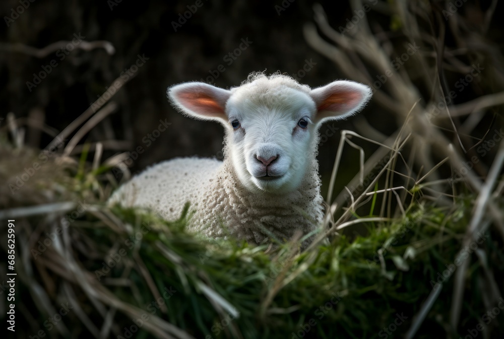 Adorable newborn lamb in green grass. Cute white fluffy sheep baby on nature field. Generate ai