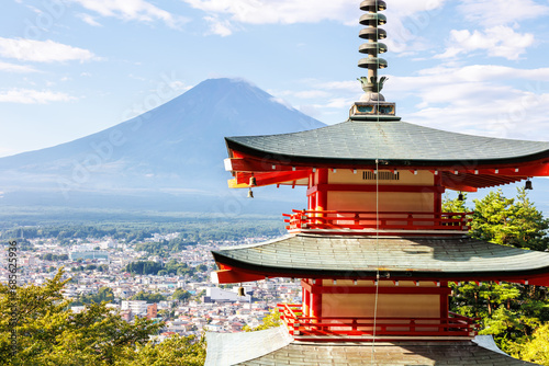 View of mount Fuji with Chureito Pagoda at Arakurayama Sengen Park in Japan photo