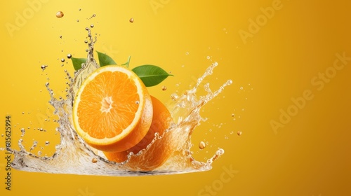 Orange juice splashing on Fresh Sliced oranges and Orange fruit isolated over Orange background