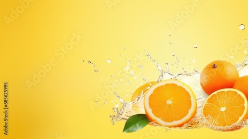 Orange juice splashing on Fresh Sliced oranges and Orange fruit isolated over Orange background