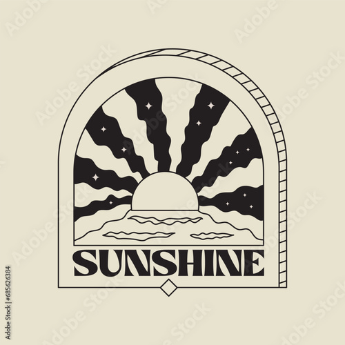 Esoteric linear boho logo, border or frame elements. Boho arch frame with celestial, sun, stars and ocean waves. Mystical vector illustration. Sunset or dawn at sea or ocean. Sun with sunbeams