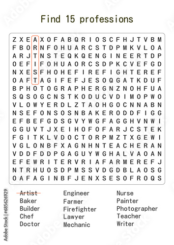 Printable Word Searches . Word search puzzles.  Crossword Find 15 professions (jobs). Worksheet for class or at home with the kids. A4 size. Vertical orientation. photo