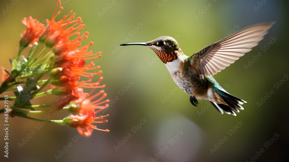 Naklejka premium Hummingbird Hovering Near Orange Flowers Nature Wildlife Photography