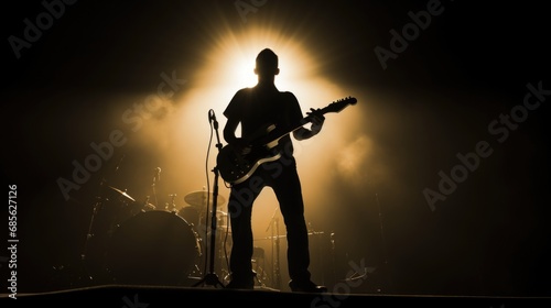 A guitar player making rock during concert. Rock band performs on stage. Guitarist plays solo.