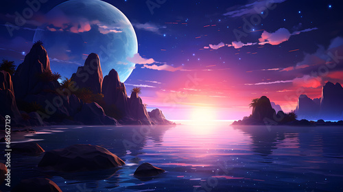 Futuristic Fantasy Landscape with Large Moon and Sunset Reflections