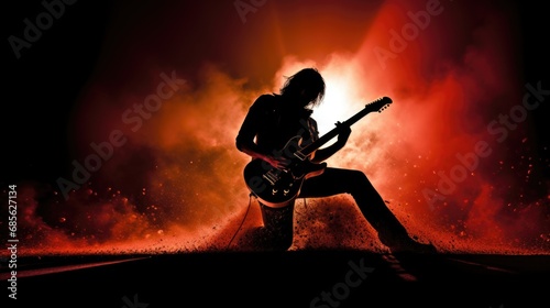 A guitar player making rock during concert. Rock band performs on stage. Guitarist plays solo.
