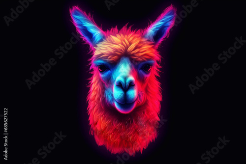 Llama portrait with neon effect. Llama logo. © Yuliia