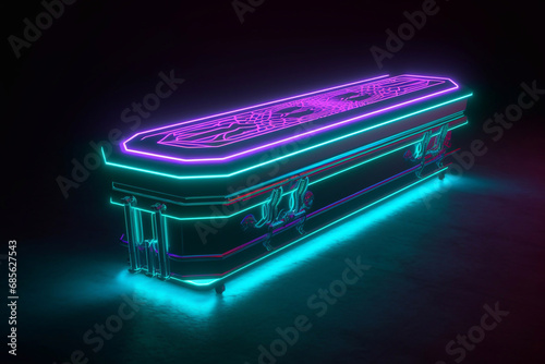 A coffin with a neon effect. Burial ceremony. Funerals Ritual services. photo