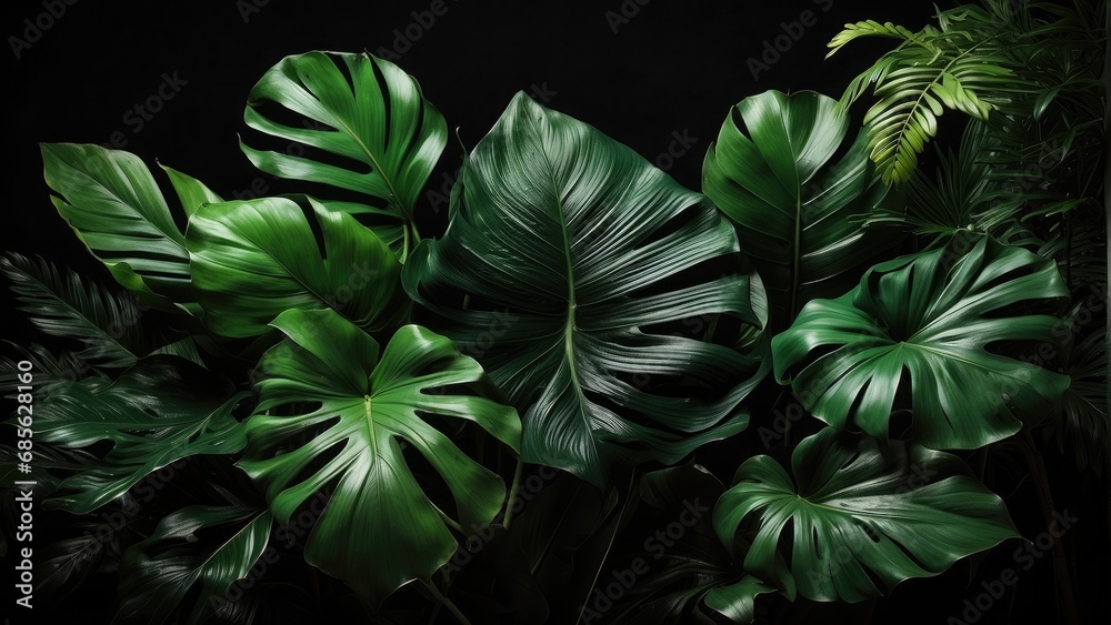 Fototapeta premium tropical green leaves in dark background