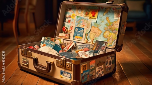 A vintage suitcase with travel stickers with photo realistic illustration - Generative AI.