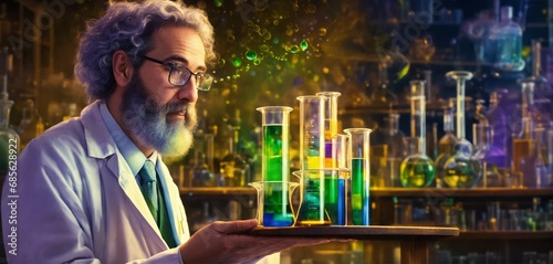 Jewish Scientist with test science beaker; he is holding it up and swirling it around, he has glasses and a tie and lab coat.
