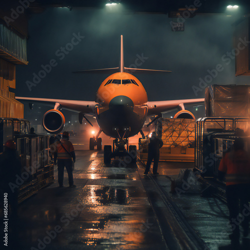Preparing for Takeoff: Loading Cargo onto the Airplane. photo