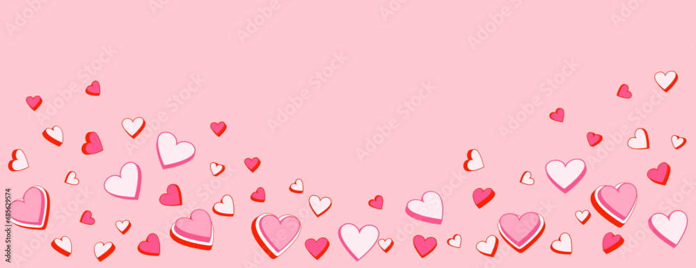 Background with pink hearts. Set of vector illustration cute hearts. Cartoon hearts. Horizontal border with copy space. Suitable for email header, post in social networks, advertising