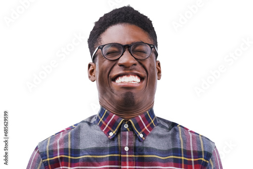 Teeth, funny face and glasses with a black man isolated on a transparent background for comedy or humor. Expression, eyes closed and eyewear with a young person in a checkered shirt joking on PNG