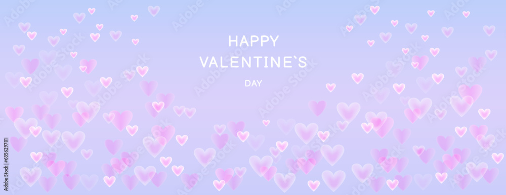 Banner happy Valentine’s day. Vector illustration glowing, smooth, smoke hearts on a blue background. Horizontal border with copy space. Suitable for email header, post in social networks, advertising