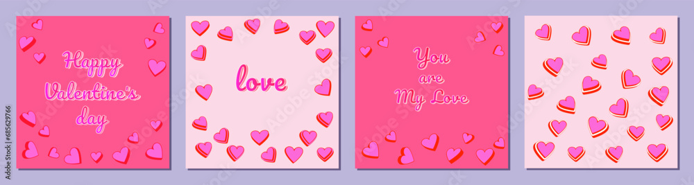Set poster Happy Valentine’s Day. Lettering you are my love. Set of festive vector templates with cartoon hearts. Universal unique cute design. Graphics of post banner, print, flayer, sale, decorative Set poster Happy Valentine’s Day. Lettering you are my love. Set of festive vector templates with cartoon hearts. Universal unique cute design. Graphics of post banner, print, flayer, sale, decorative
