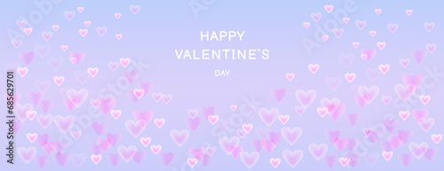 Banner happy Valentine’s day. Vector illustration glowing, smooth, smoke hearts on a blue background. Horizontal border with copy space. Suitable for email header, post in social networks, advertising