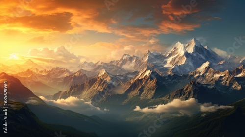 A panoramic view of a picturesque mountain photo realistic illustration - Generative AI.