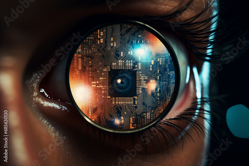 Iris grossi par une loupe montrant une puce informatique, concept futuriste digital photo