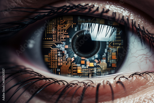 Gros plan d'un oeil, iris en forme de puce informatique, visage avec motifs informatiques et futuristes