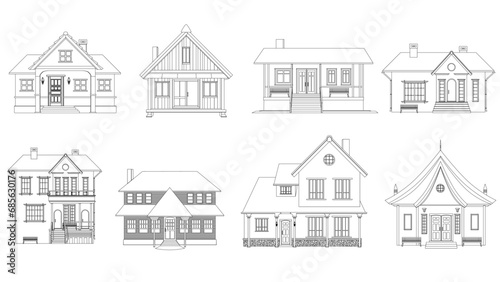 Set of black outlines of mansions and private houses isolated on white background. One-story houses and with several floors. Clipart.