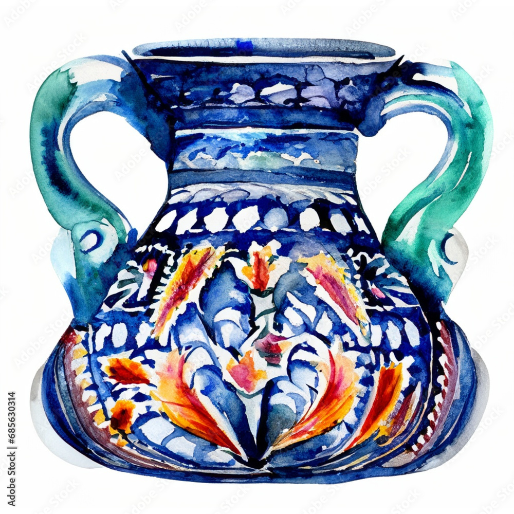 Tradycyjny niebieski wazon we wzory słowiańskie - obrazy, fototapety, plakaty 