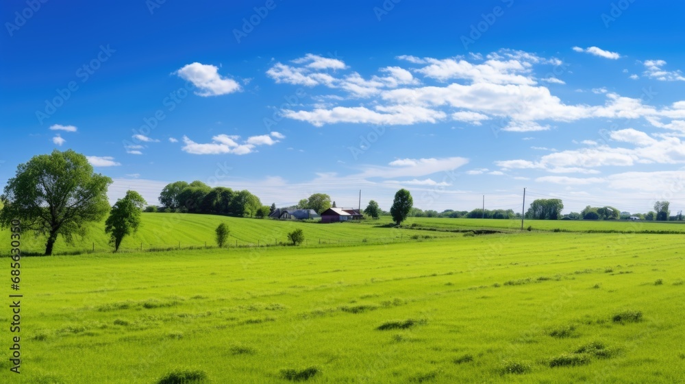 Idyllic Countryside Amidst Lush Green Fields Under Blue Sky.