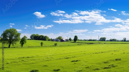 Idyllic Countryside Amidst Lush Green Fields Under Blue Sky.