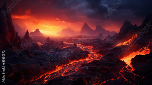 volcanic landscape, fiery lava flows meeting rugged terrain