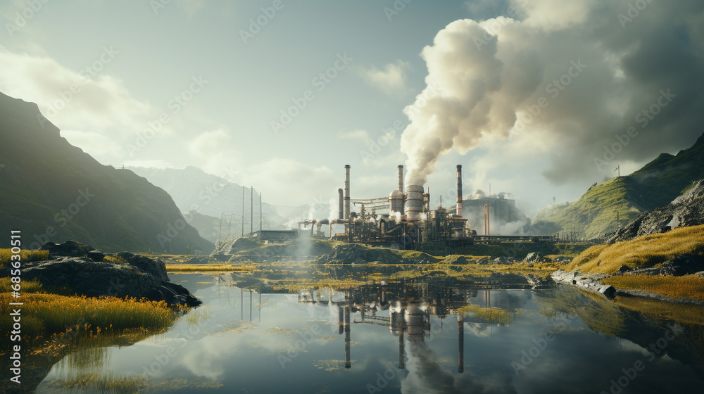 Geothermal power plant amidst a volcanic landscape, steam rising - obrazy, fototapety, plakaty 