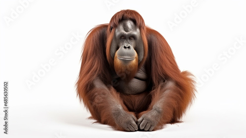 Orangutan sitting shot over white background. Orang utan. Generative Ai