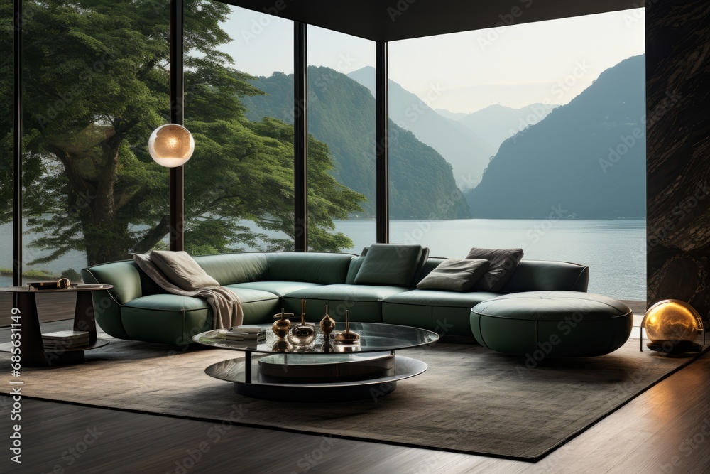Interior of stylish living room in modern villa. Green cushioned furniture, round coffee table, rug on the floor, glass wall overlooking scenic landscape. Luxurious minimalism, expensive materials.