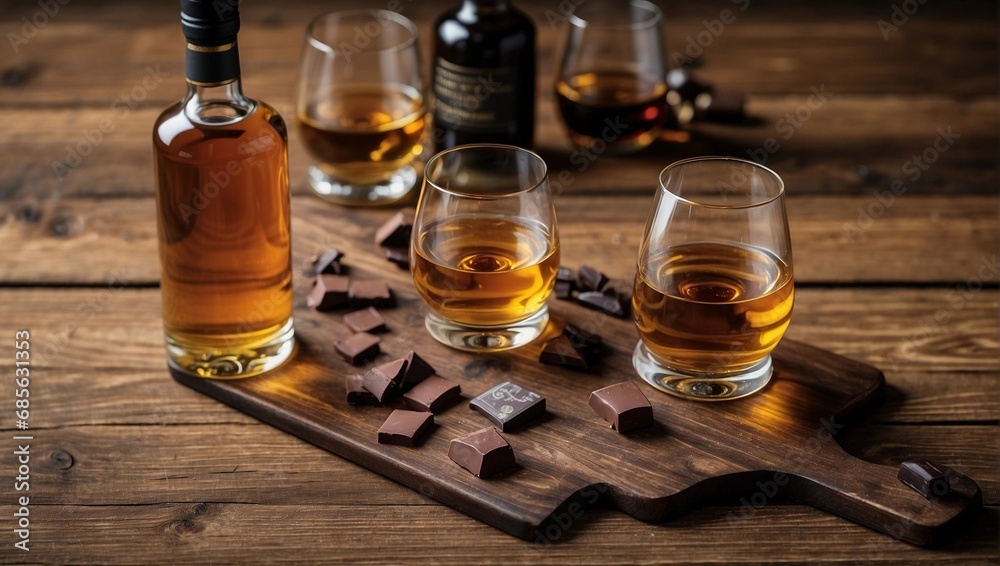 chocolate and whiskey on a wooden table chocolate and whiskey on a wooden table