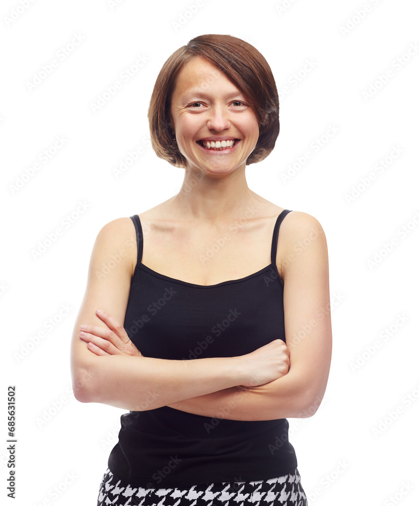 Portrait, arms crossed and woman with a smile, fashion and positive mindset isolated on a transparent background. Face, person and model with makeup, wellness and cheerful with stylish outfit and png Portrait, arms crossed and woman with a smile, fashion and positive mindset isolated on a transparent background. Face, person and model with makeup, wellness and cheerful with stylish outfit and png