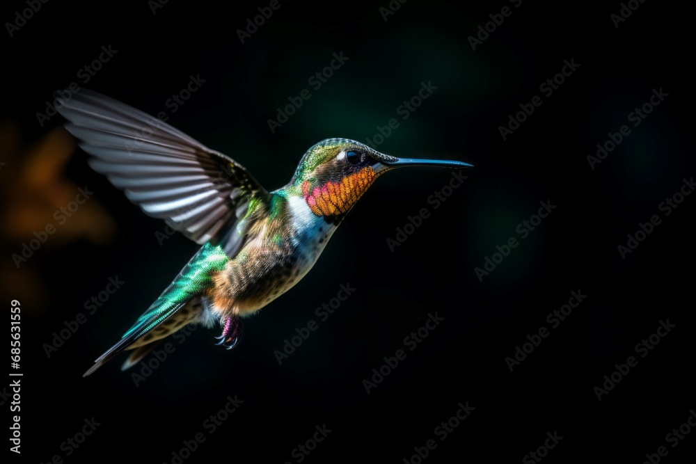 Glowing tiny hummingbird flying on black backdrop. Vibrant colorful little bird wings flight. Generate ai Glowing tiny hummingbird flying on black backdrop. Vibrant colorful little bird wings flight. Generate ai
