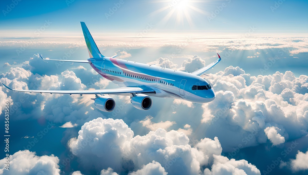 Fototapeta premium A colorful commercial jet airplane flying high above scattered fluffy white clouds on a bright sunny