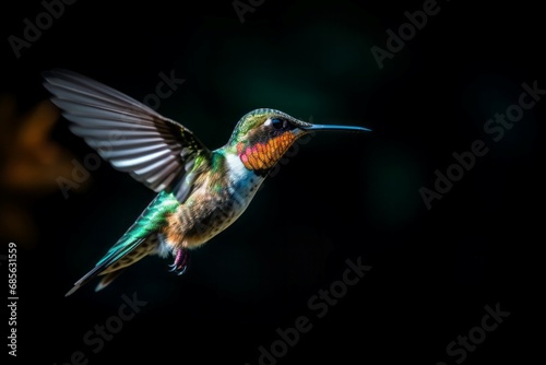 Glowing tiny hummingbird flying on black backdrop. Vibrant colorful little bird wings flight. Generate ai © nsit0108