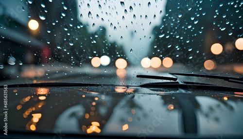 Raindrops race down the windshield as wipers sweep back and forth furiously