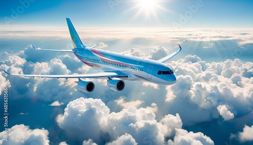 A colorful commercial jet airplane flying high above scattered fluffy white clouds on a bright sunny