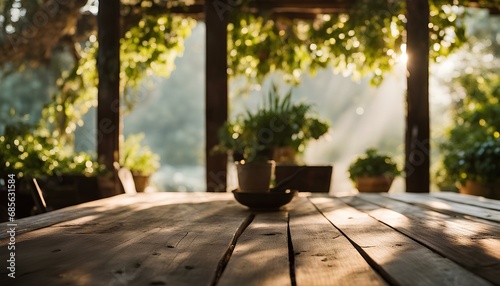 Sun-warmed light cascades over the scratched and worn surface of a vintage wooden dining table