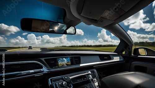 A windshield view from within a clean late-model sedan on a partly cloudy mid-day © Wanderson-oliveira