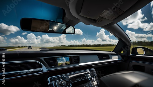 A windshield view from within a clean late-model sedan on a partly cloudy mid-day