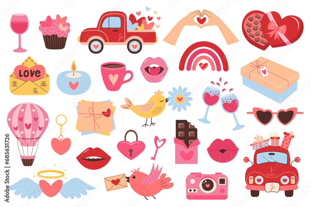 Valentine’s day icons set. Cute love elements and decorations. Perfect for scrapbooking, greeting card, party invitation, poster, tag, sticker kit.